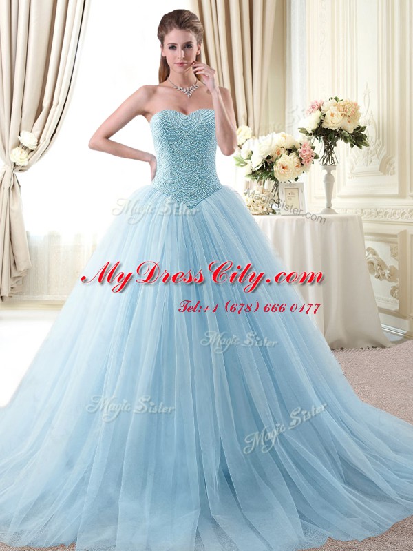 Light Blue Sleeveless Floor Length Beading Lace Up Quinceanera Dresses