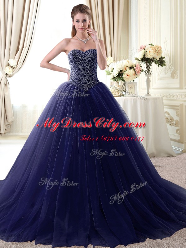 Beading 15th Birthday Dress Navy Blue Lace Up Sleeveless Floor Length