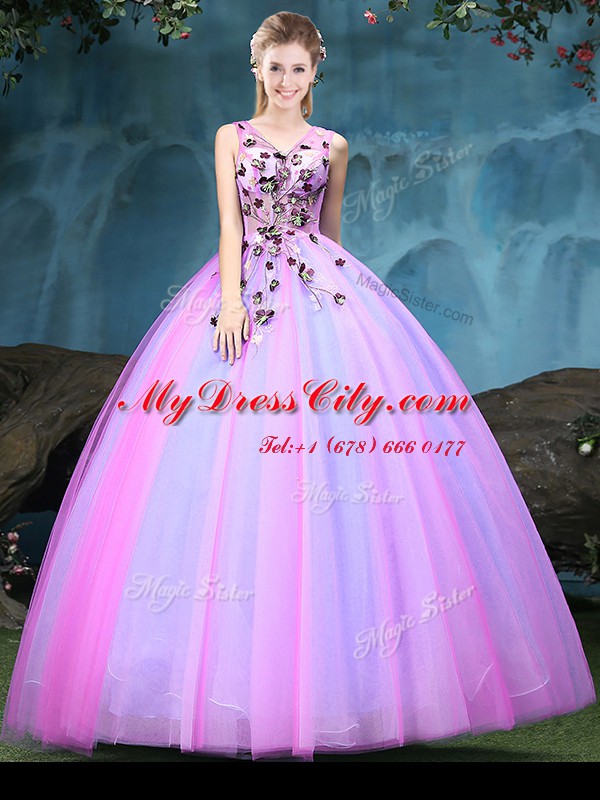 Fitting Multi-color Tulle Lace Up Quinceanera Gowns Sleeveless Floor Length Appliques