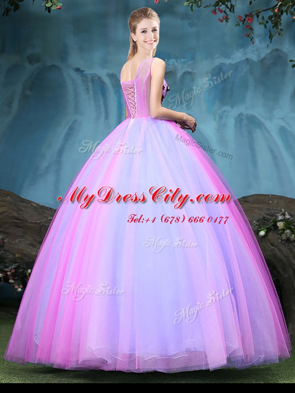 Fitting Multi-color Tulle Lace Up Quinceanera Gowns Sleeveless Floor Length Appliques