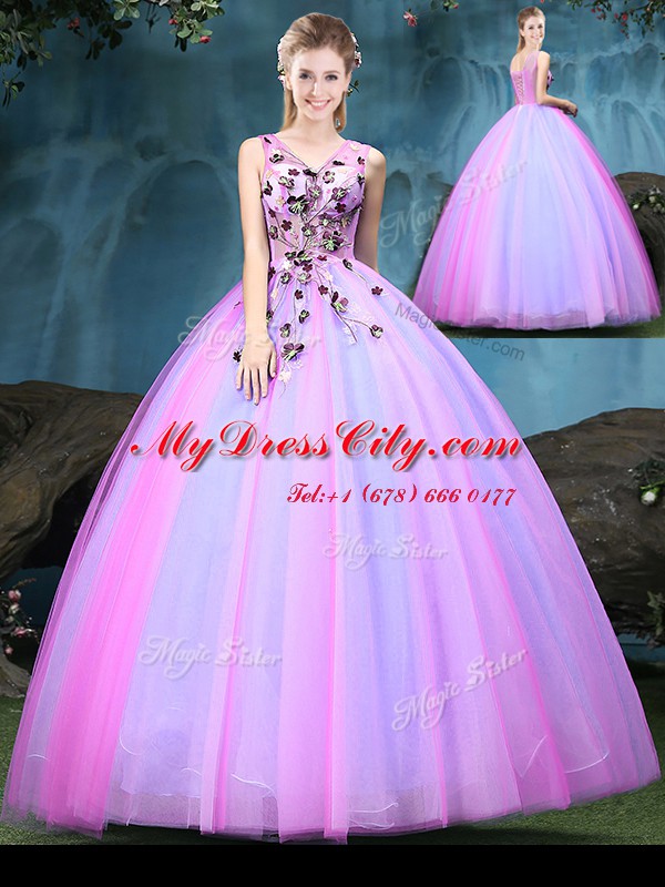 Fitting Multi-color Tulle Lace Up Quinceanera Gowns Sleeveless Floor Length Appliques