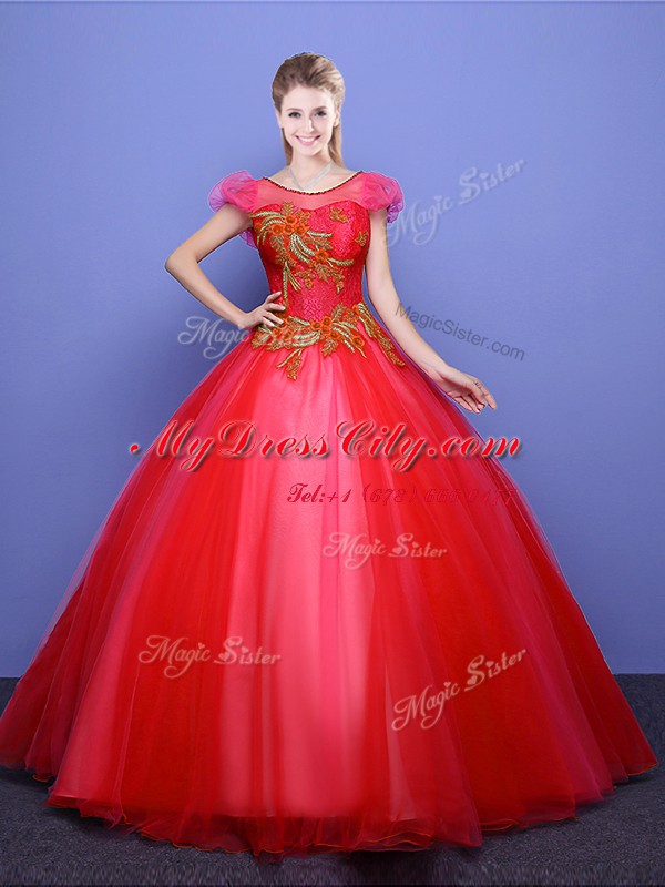 Ball Gowns Sweet 16 Dress Coral Red Scoop Tulle Short Sleeves Floor Length Lace Up