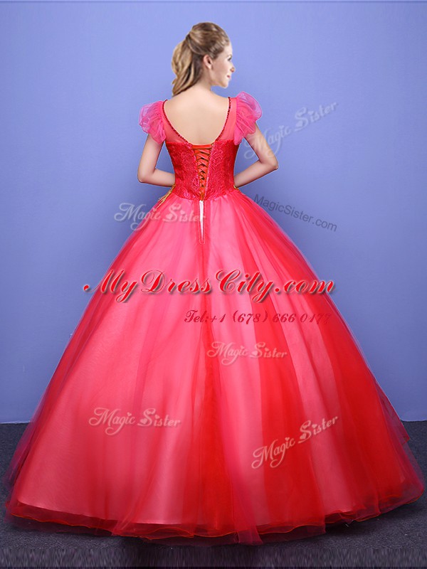 Ball Gowns Sweet 16 Dress Coral Red Scoop Tulle Short Sleeves Floor Length Lace Up