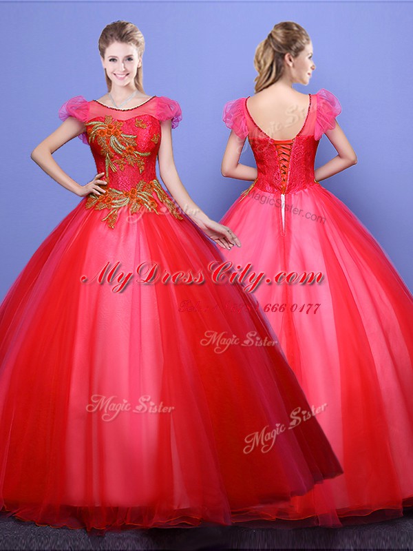 Ball Gowns Sweet 16 Dress Coral Red Scoop Tulle Short Sleeves Floor Length Lace Up