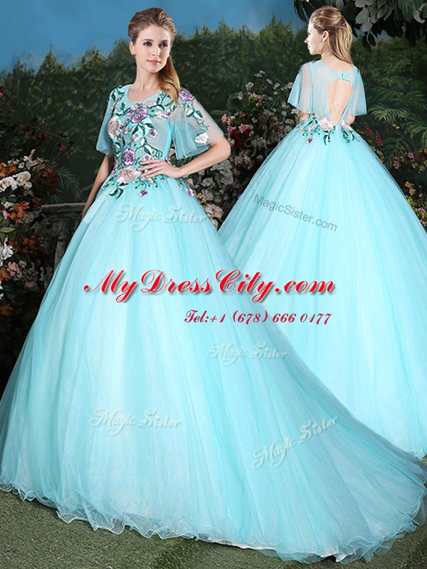 Scoop Aqua Blue Ball Gowns Appliques Vestidos de Quinceanera Lace Up Tulle Half Sleeves