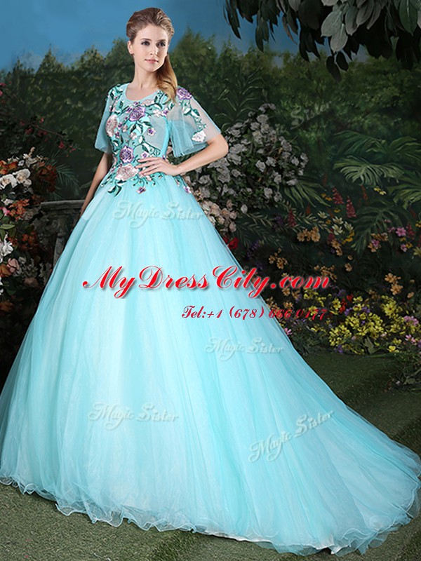 Scoop Aqua Blue Ball Gowns Appliques Vestidos de Quinceanera Lace Up Tulle Half Sleeves