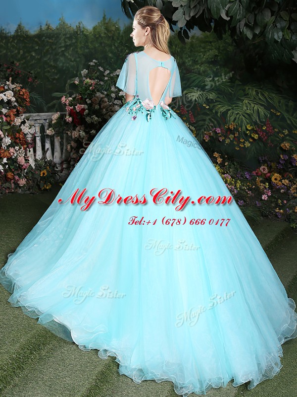 Scoop Aqua Blue Ball Gowns Appliques Vestidos de Quinceanera Lace Up Tulle Half Sleeves