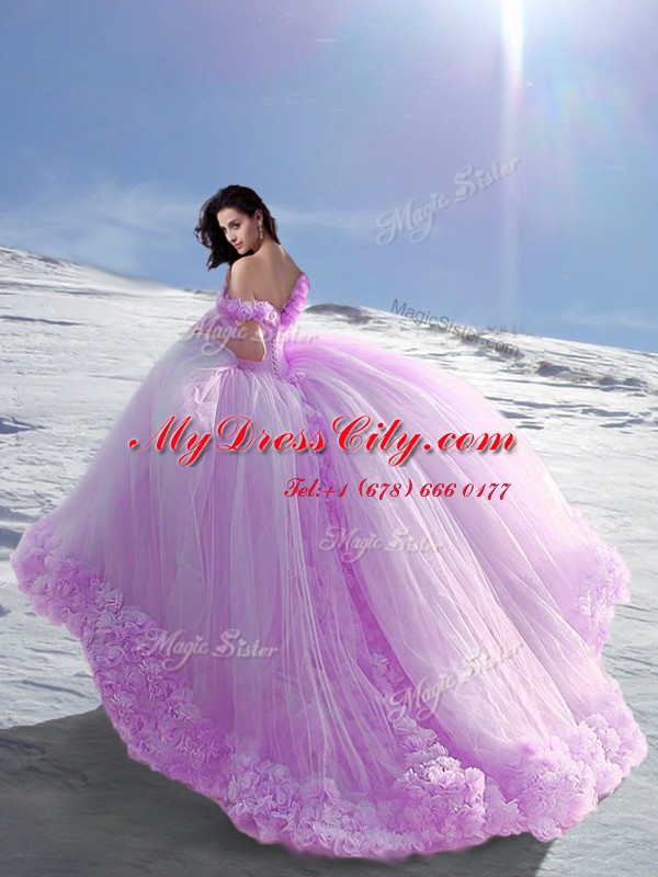 Lilac Ball Gown Prom Dress Military Ball and Sweet 16 and Quinceanera and For with Hand Made Flower Off The Shoulder Cap Sleeves Court Train Lace Up