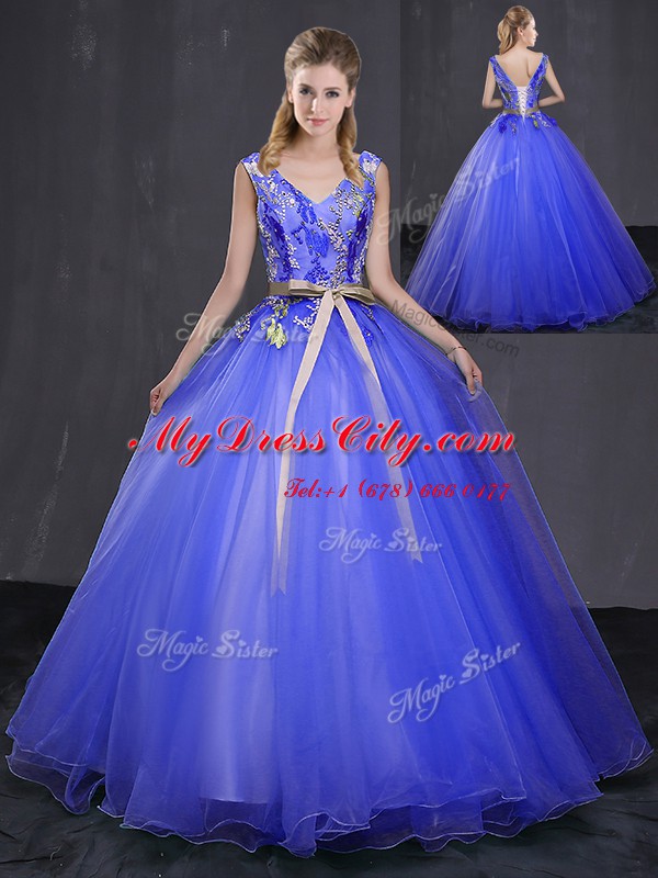 Ideal V-neck Sleeveless Tulle Quinceanera Gown Appliques and Belt Lace Up