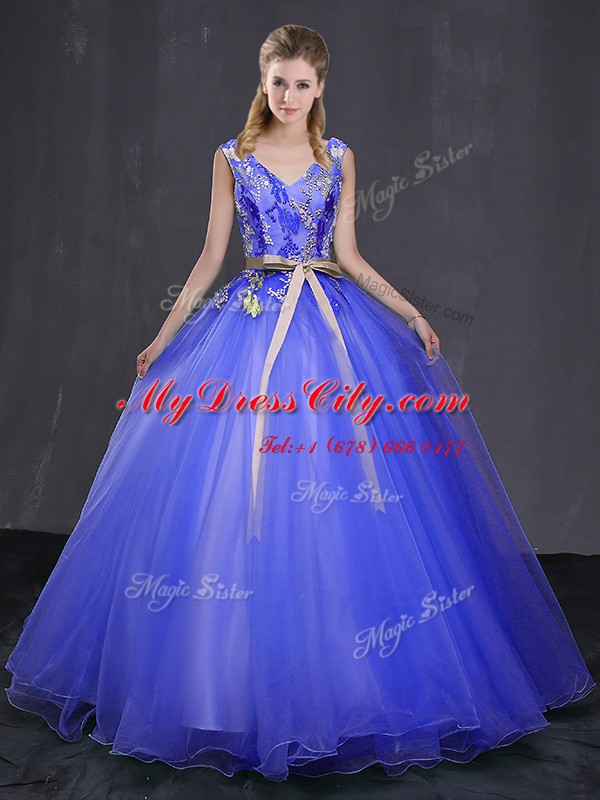 Ideal V-neck Sleeveless Tulle Quinceanera Gown Appliques and Belt Lace Up