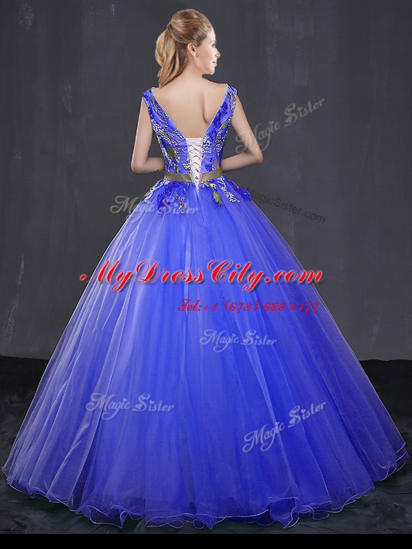 Ideal V-neck Sleeveless Tulle Quinceanera Gown Appliques and Belt Lace Up