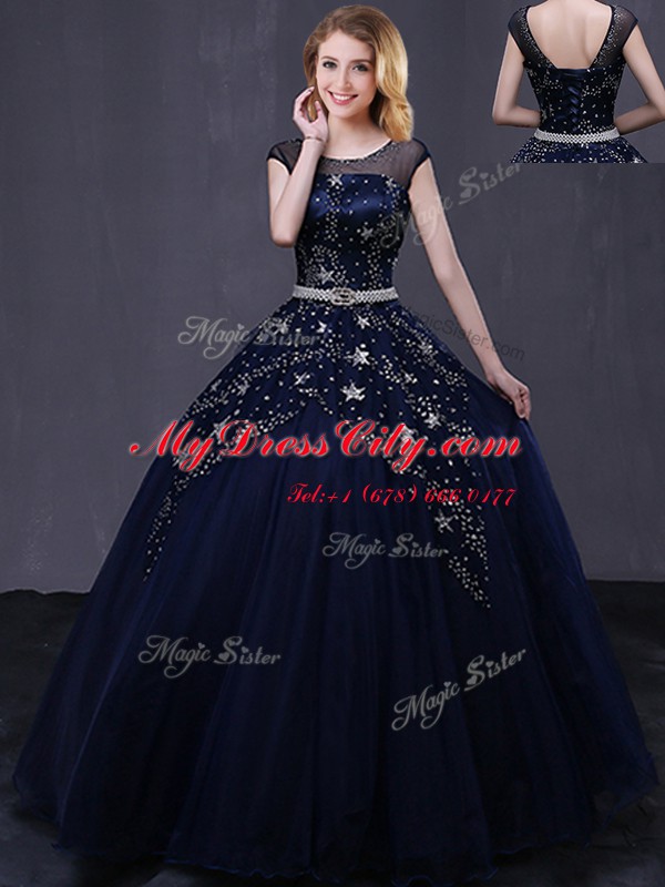 Low Price Scoop Cap Sleeves Floor Length Beading and Belt Lace Up Vestidos de Quinceanera with Navy Blue