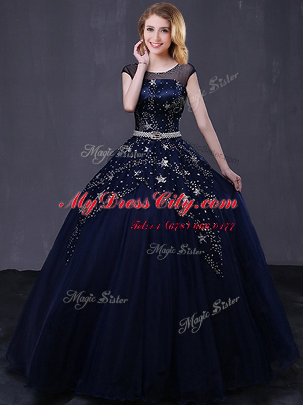 Low Price Scoop Cap Sleeves Floor Length Beading and Belt Lace Up Vestidos de Quinceanera with Navy Blue