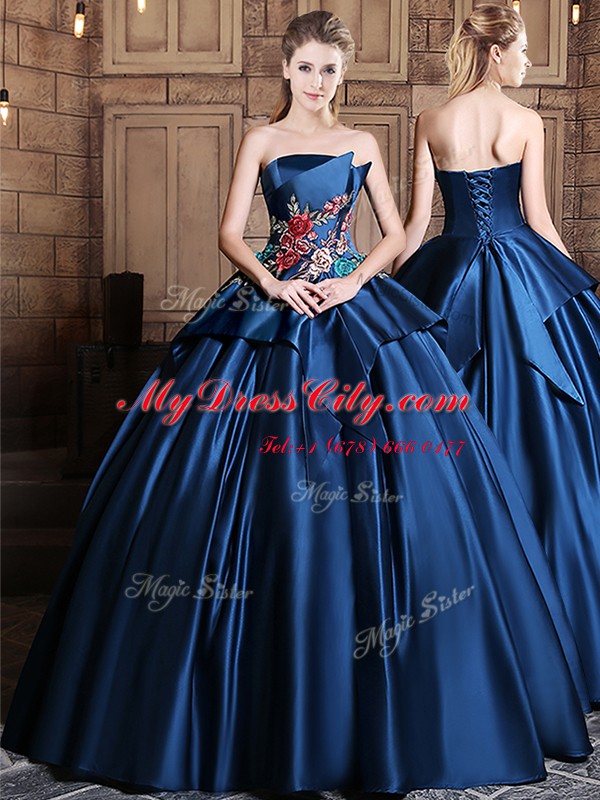 Chic Navy Blue Lace Up 15 Quinceanera Dress Appliques Sleeveless Floor Length