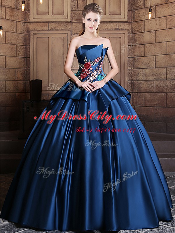 Chic Navy Blue Lace Up 15 Quinceanera Dress Appliques Sleeveless Floor Length