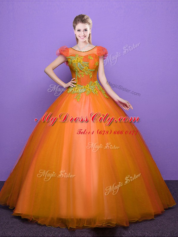 Scoop Orange Ball Gowns Appliques Quinceanera Dress Lace Up Tulle Short Sleeves Floor Length