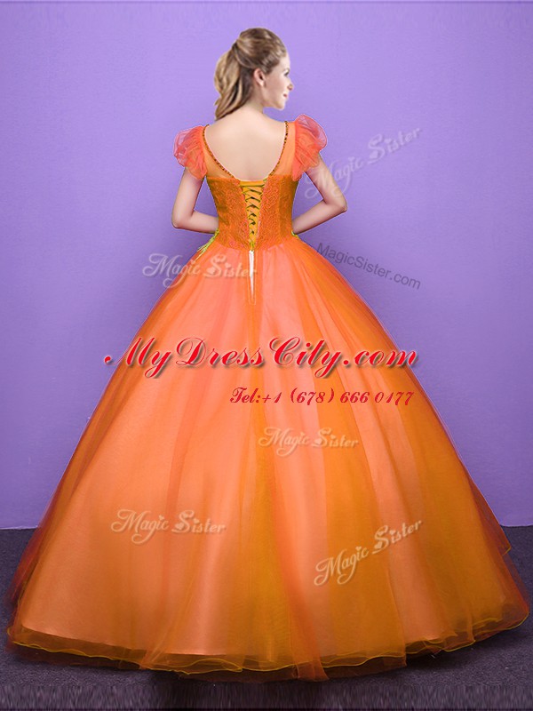 Scoop Orange Ball Gowns Appliques Quinceanera Dress Lace Up Tulle Short Sleeves Floor Length