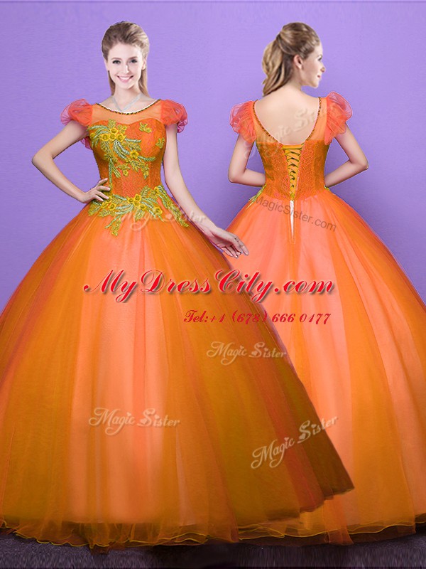 Scoop Orange Ball Gowns Appliques Quinceanera Dress Lace Up Tulle Short Sleeves Floor Length