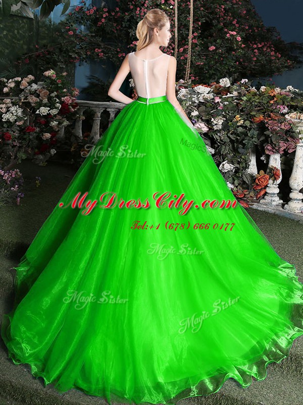 Scoop Sleeveless Organza 15th Birthday Dress Appliques and Belt Brush Train Zipper