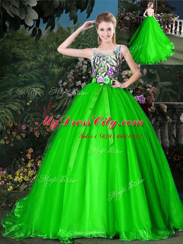 Scoop Sleeveless Organza 15th Birthday Dress Appliques and Belt Brush Train Zipper