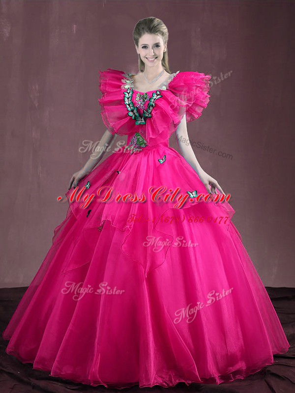 Custom Fit Hot Pink Lace Up Sweetheart Appliques and Ruffles Quinceanera Dress Organza Sleeveless