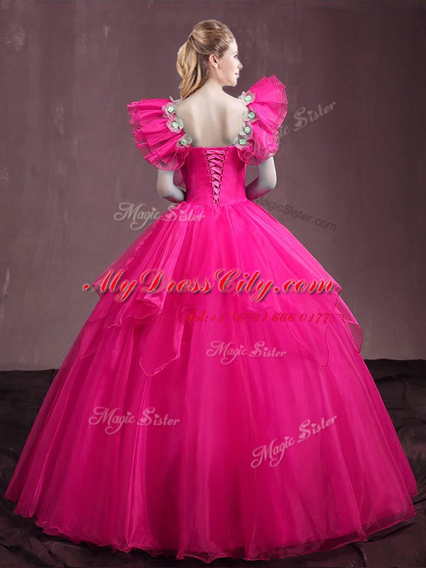 Custom Fit Hot Pink Lace Up Sweetheart Appliques and Ruffles Quinceanera Dress Organza Sleeveless