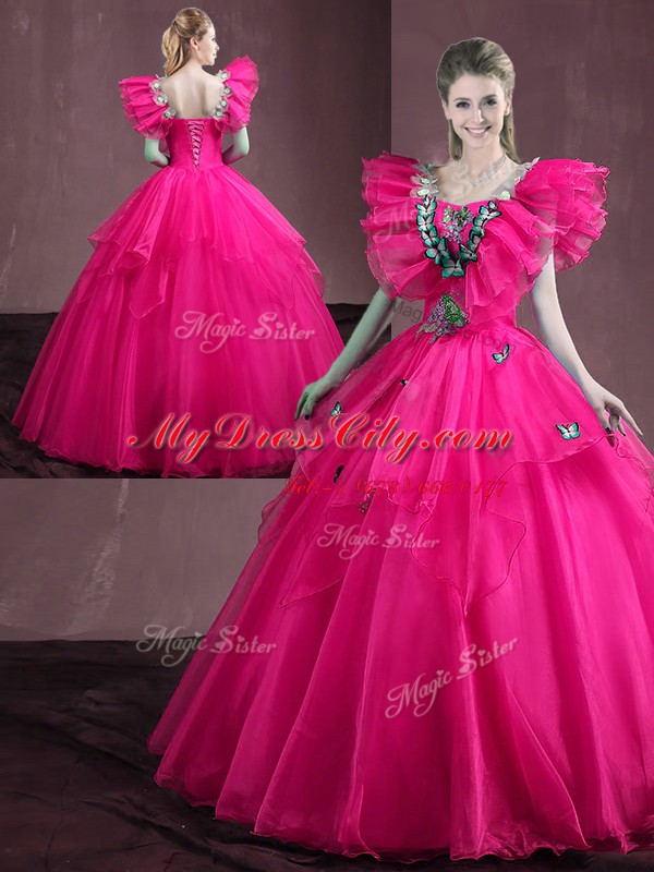 Custom Fit Hot Pink Lace Up Sweetheart Appliques and Ruffles Quinceanera Dress Organza Sleeveless