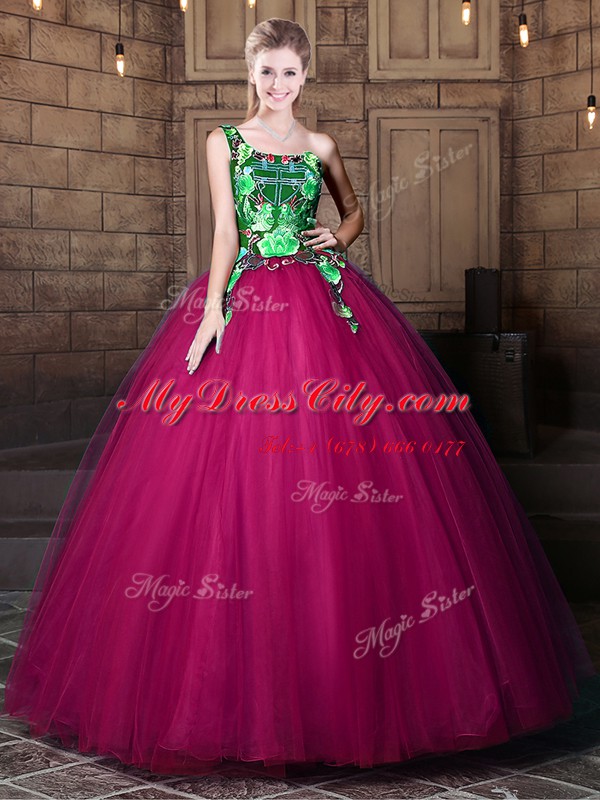 Most Popular One Shoulder Sleeveless Quinceanera Dresses Floor Length Pattern Fuchsia Tulle