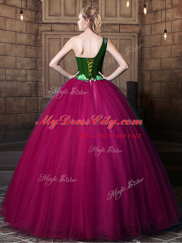 Most Popular One Shoulder Sleeveless Quinceanera Dresses Floor Length Pattern Fuchsia Tulle