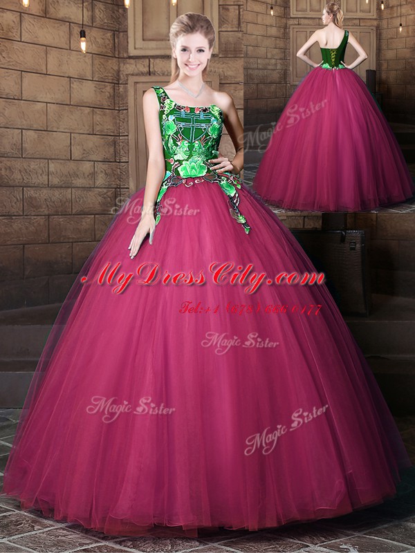 Most Popular One Shoulder Sleeveless Quinceanera Dresses Floor Length Pattern Fuchsia Tulle