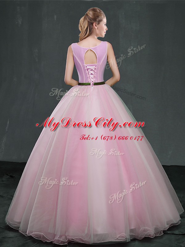 Colorful Pink Organza Lace Up Scoop Sleeveless Floor Length 15th Birthday Dress Appliques