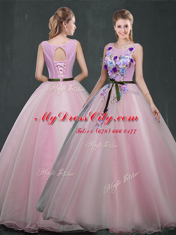 Colorful Pink Organza Lace Up Scoop Sleeveless Floor Length 15th Birthday Dress Appliques