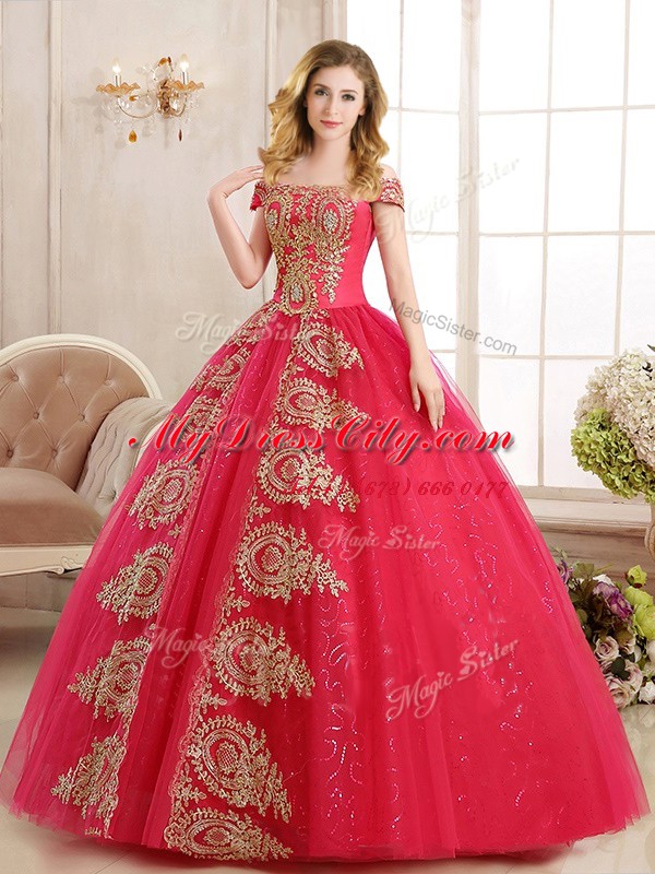 Off the Shoulder Red Sleeveless Appliques and Sequins Floor Length Quince Ball Gowns