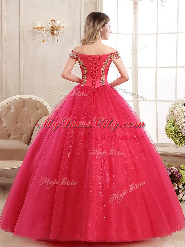 Off the Shoulder Red Sleeveless Appliques and Sequins Floor Length Quince Ball Gowns