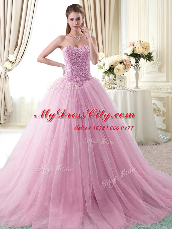 Deluxe Beading Vestidos de Quinceanera Rose Pink Lace Up Sleeveless With Brush Train