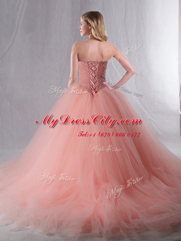 Deluxe Beading Vestidos de Quinceanera Rose Pink Lace Up Sleeveless With Brush Train