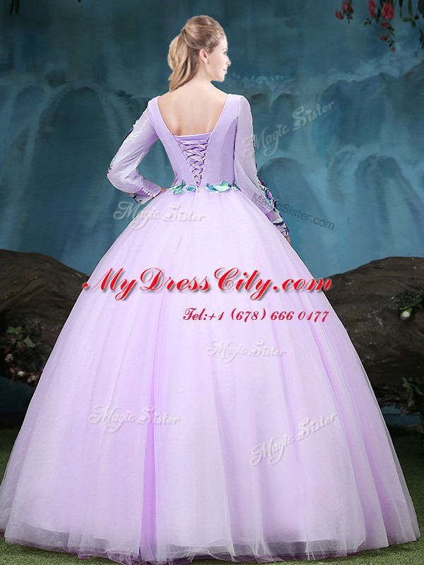 Superior Lilac Tulle Lace Up Scoop Long Sleeves Floor Length 15 Quinceanera Dress Appliques