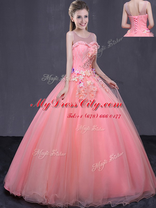 High Class Scoop Sleeveless Quince Ball Gowns Floor Length Beading and Appliques Watermelon Red Tulle