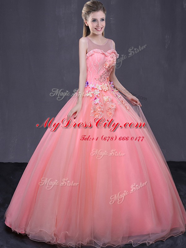 High Class Scoop Sleeveless Quince Ball Gowns Floor Length Beading and Appliques Watermelon Red Tulle