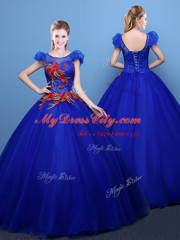 Scoop Royal Blue Short Sleeves Appliques Floor Length 15 Quinceanera Dress