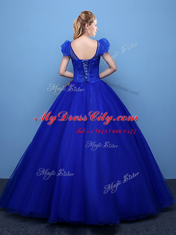 Scoop Royal Blue Short Sleeves Appliques Floor Length 15 Quinceanera Dress