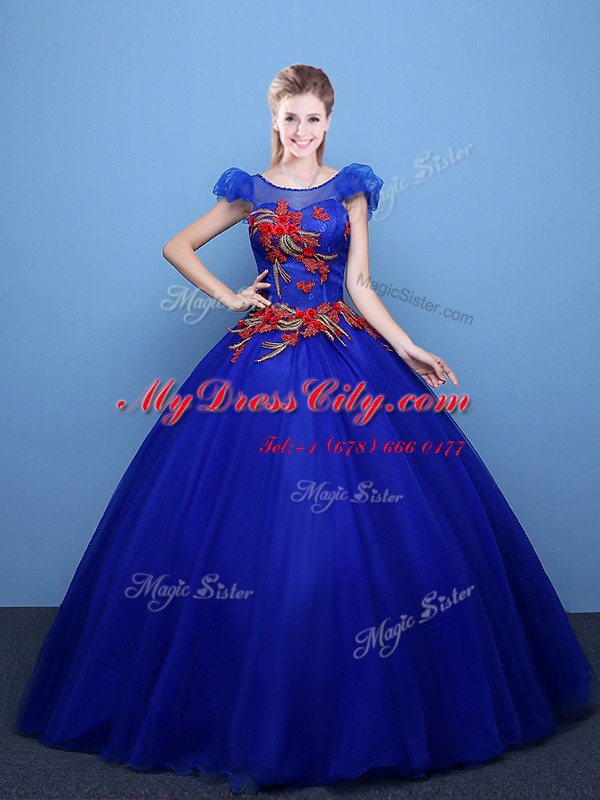 Scoop Royal Blue Short Sleeves Appliques Floor Length 15 Quinceanera Dress