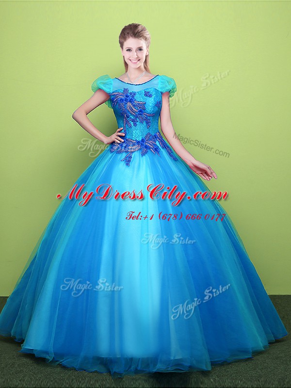 Fantastic Baby Blue Quinceanera Dresses Military Ball and Sweet 16 and Quinceanera and For with Appliques Scoop Short Sleeves Lace Up