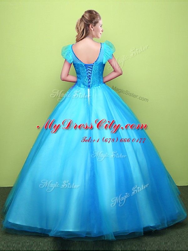 Fantastic Baby Blue Quinceanera Dresses Military Ball and Sweet 16 and Quinceanera and For with Appliques Scoop Short Sleeves Lace Up