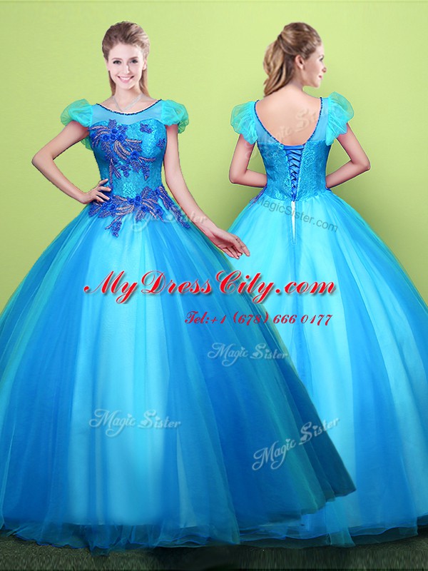 Fantastic Baby Blue Quinceanera Dresses Military Ball and Sweet 16 and Quinceanera and For with Appliques Scoop Short Sleeves Lace Up