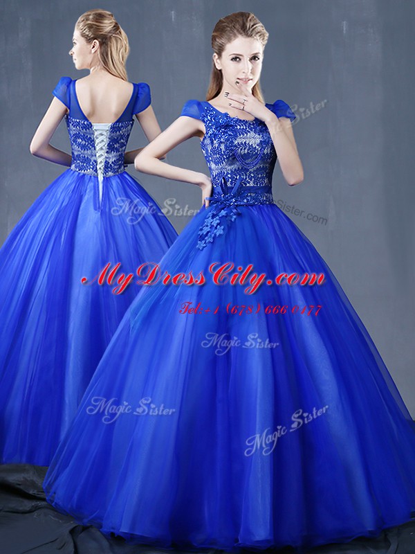 Cheap Royal Blue V-neck Neckline Lace and Appliques Quinceanera Dresses Short Sleeves Lace Up