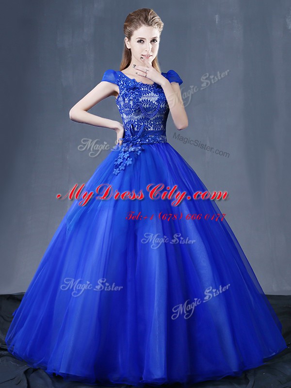 Cheap Royal Blue V-neck Neckline Lace and Appliques Quinceanera Dresses Short Sleeves Lace Up