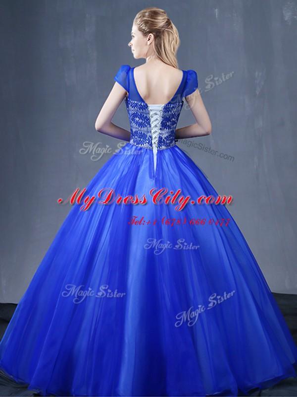 Cheap Royal Blue V-neck Neckline Lace and Appliques Quinceanera Dresses Short Sleeves Lace Up