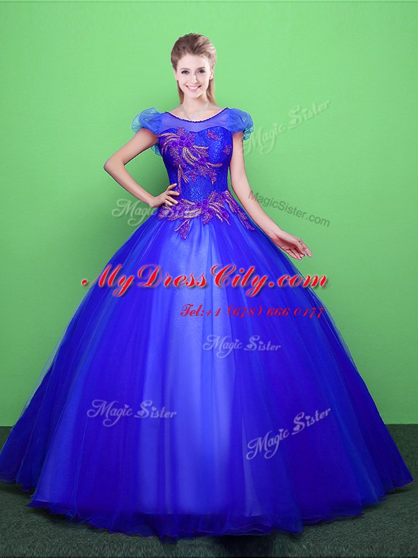 Flirting Scoop Blue Ball Gowns Appliques Ball Gown Prom Dress Lace Up Tulle Short Sleeves Floor Length