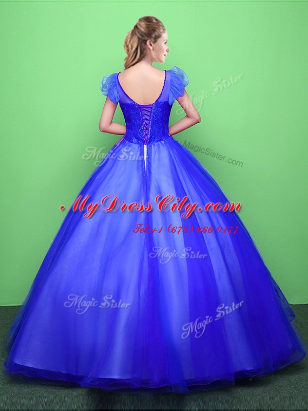 Flirting Scoop Blue Ball Gowns Appliques Ball Gown Prom Dress Lace Up Tulle Short Sleeves Floor Length